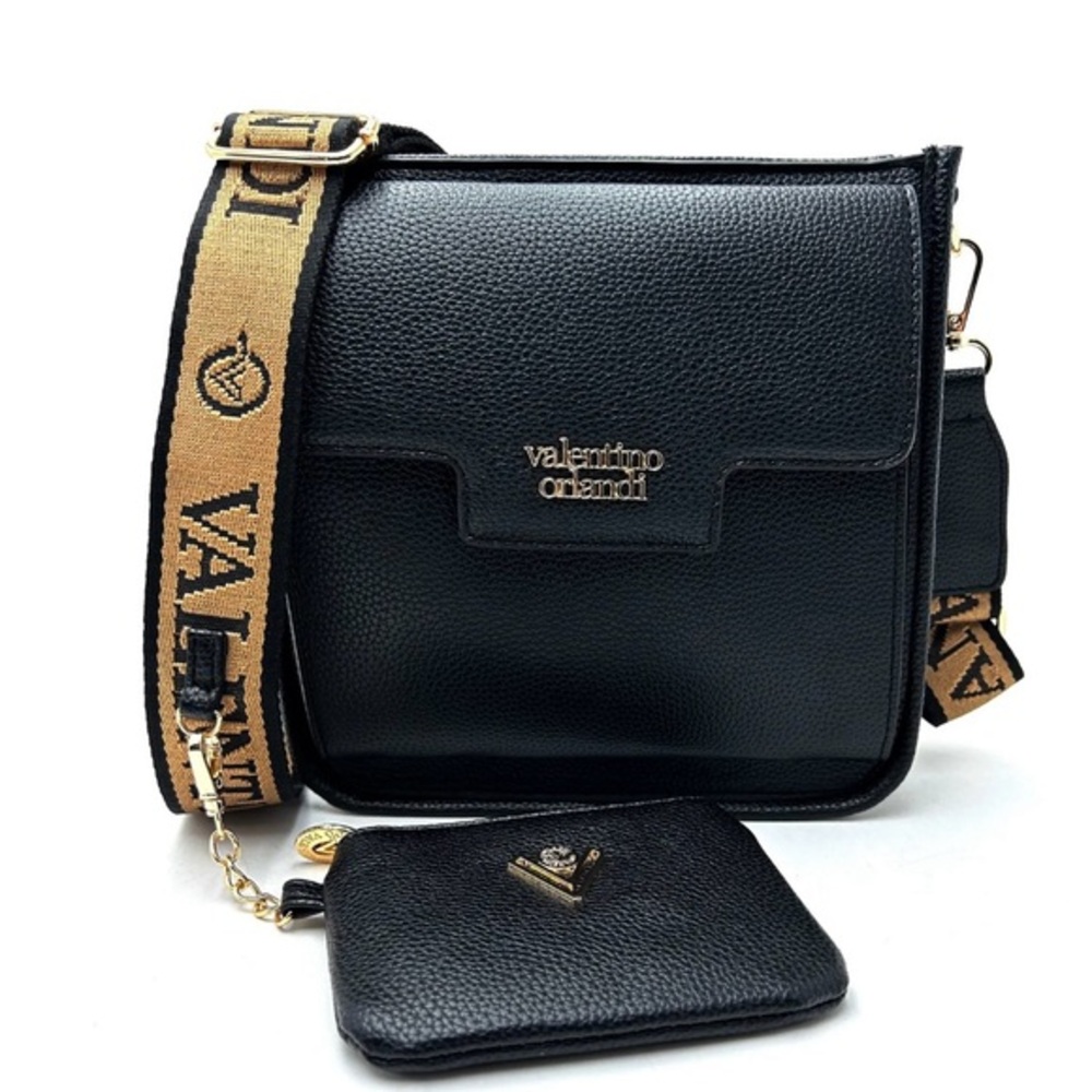 Valentino Orlandi Black Crossbody Bag with Tan Strap